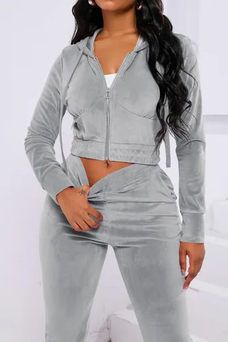 Vista 6 de PINSV Conjunto de 2 piezas de terciopelo para mujer, sudadera con capucha y cremallera para correr, conjunto de entrenamiento