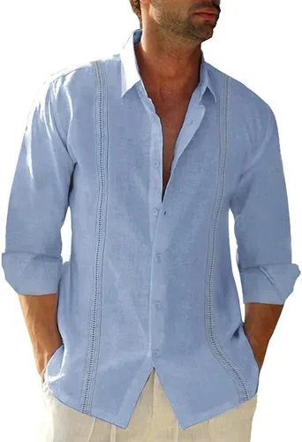 Vista 6 de JEKAOYI - Camisas de lino con botones para hombre, de manga larga, ajuste regular, de algodón, camisas de playa con bolsillo