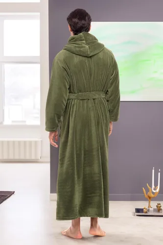 Vista 4 de Alexander Del Rossa Bata de baño de vellón afelpado suave, con capucha, para hombre, bata larga y cálida Verde militar