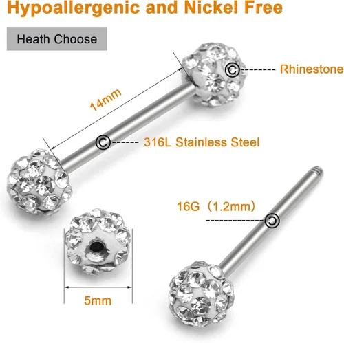 Vista 2 de CrazyPiercing 10 anillos de lengua CZ 16G con barra de acero inoxidable recta 0551in de longitud