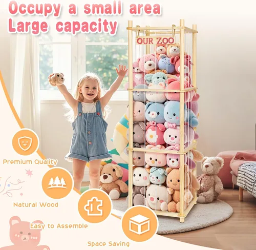 Vista 6 de Almacenamiento de Animales de Peluche - Organizador Alto de Juguetes de Madera de Pino Natural con Cuerdas Elásticas y Estante, Casa