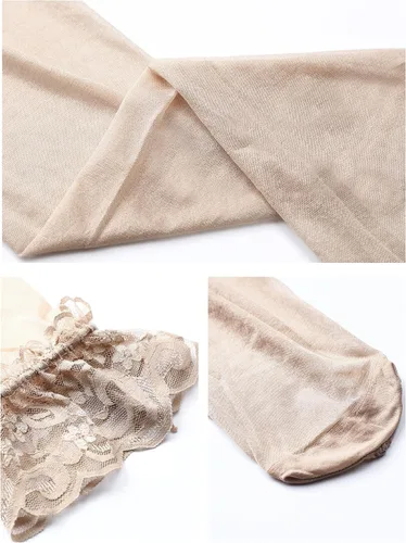 Vista 5 de Boao 4 pares de medias de encaje altas hasta el muslo para mujer, con encaje de silicona, sedosas, semitraslúcidas, para Navidad, Halloween, cosplay