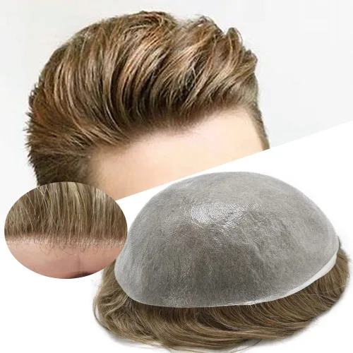 Vista 15 de Toupee para hombres piel fina 0.001 in Toupee V-looped Remy sistema de cabello humano pu mens hairpieces línea capilar invisible para pérdida