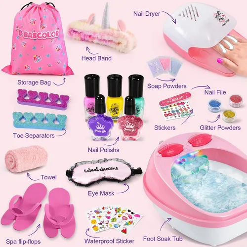 Vista 3 de Juego de spa de pies y uñas para niños, kit de día de spa para niñas, bañera de masaje de pies y secador de uñas, juguetes de manicura, pedicura