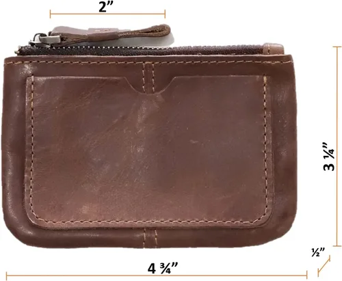 Vista 3 de Monedero de cuero genuino para mujeres y hombres, estilo vintage, cuero de grano de vacuno, delgado, minitarjetero con cremallera de metal con asa