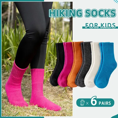 Vista 5 de Calcetines de senderismo de lana merino para niños y niñas, cálidos, térmicos, gruesos, acogedores, acolchados, 6 pares