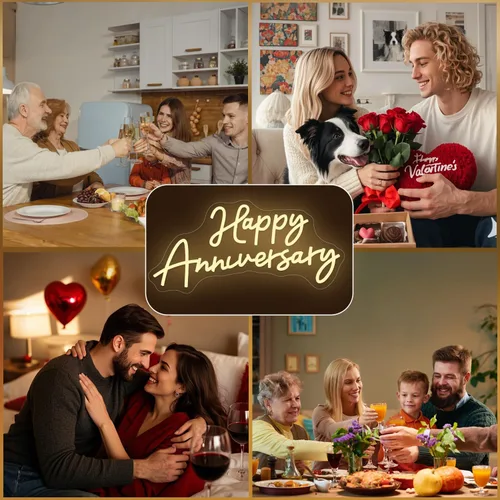 Vista 5 de Cartel grande de feliz aniversario con luces LED de neón para decoración de pared de 23 x 11 pulgadas, para esposa, marido, padres, boda, feliz