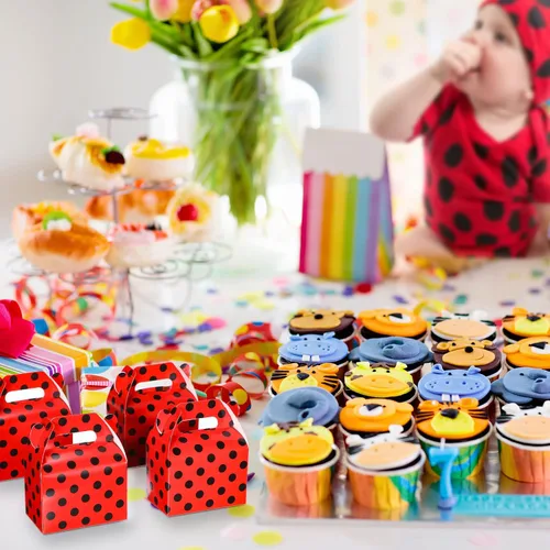 Vista 6 de Outus 30 cajas de regalo de fiesta de mariquita, cajas de regalo de fiesta de mariquita, cajas de papel de caramelo de lunares rojos y negros
