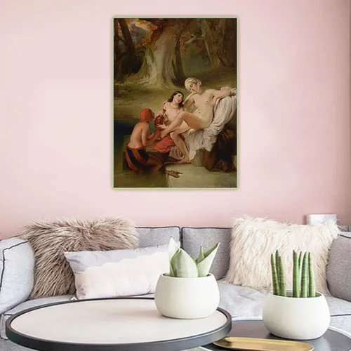 Vista 6 de Reproducciones de cuadro famosas, Francesco Hayez "Betsabé en su baño" Impresión en lienzo, cuadro de decoración de arte de pared de lienzo