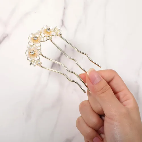 Vista 3 de 2 pinzas para el pelo de flores de perlas para mujer, horquilla francesa en forma de U, moño de metal dorado, clips para el pelo de flores