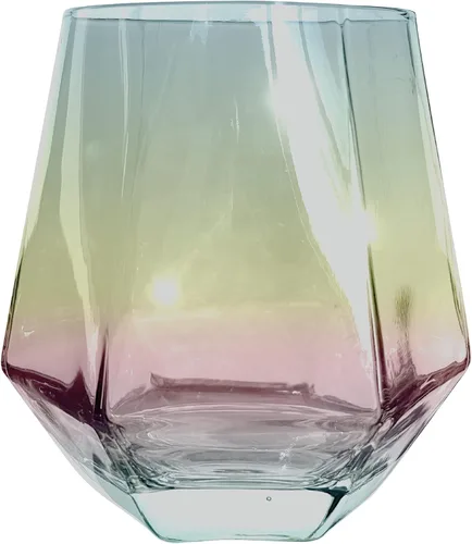 Vista 5 de Copa de vino personalizable sin tallo grabada de 11.5 onzas sin tallo grabada personalizada con mensaje, iridiscente moderno arco iris geométrico