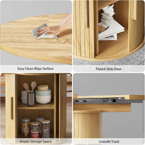 Vista 3 de Mesa de comedor redonda extensible de 43.3-59 pulgadas para 4-6-8, puerta corredera de madera estriada, mesa de cocina ovalada moderna, base