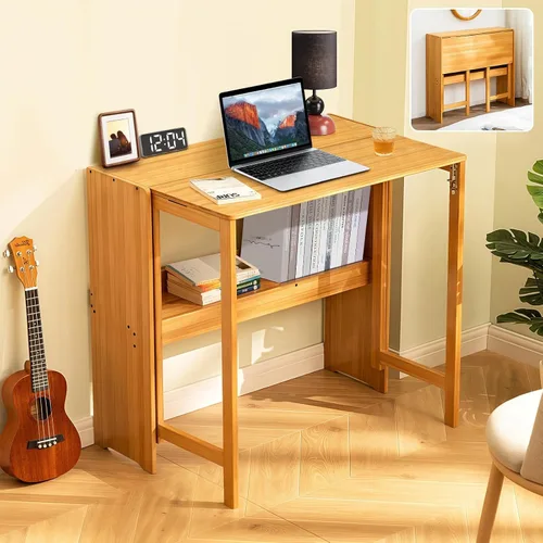 Vista 9 de Escritorio plegable de bambú de 31.1 pulgadas con estantería, escritorio compacto para computadora para espacios pequeños, escritorio plegable
