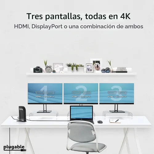 Vista 3 de Plugable Estación de acoplamiento USB C 13 en 1, monitor triple 4K con entrega de energía de 100 W Base USB C para Windows, Mac, ChromeOS