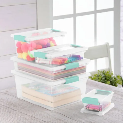 Vista 6 de Sterilite Paquete de 16 cajas de clip, contenedores apilables de plástico transparente con tapas de cierre, tamaño mediano, suministros