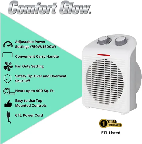 Vista 8 de Comfort Glow EFH1518 Calentador eléctrico de ventilador, color blanco