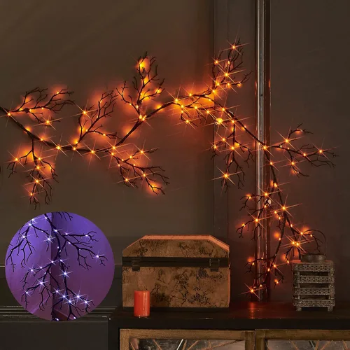 Vista 8 de LITBLOOM Guirnalda de Halloween con luces de 6 pies, 80 luces de hadas naranjas y blancas cálidas, guirnalda negra iluminada, funciona