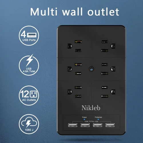 Vista 2 de Cargador de pared con protector de sobretensiones, regleta de alimentación con 12 tomas de corriente alterna anchas, bloques de carga USB de 4