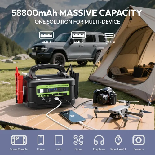 Vista 5 de YESPER Arrancador de 12V/24V con Carga Rápida de 145W, Caja de Puente de Batería SuperSegura Portátil de 6000A 218Wh para Camiones Pesados