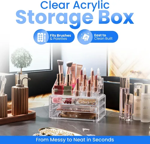 Vista 4 de Masirs Organizador de maquillaje transparente – 16 compartimentos para cosméticos y joyas con 4 cajones – Caja de almacenamiento para maquillaje