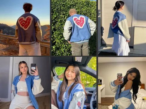 Vista 6 de Aelfric Eden Chaqueta universitaria con estampado de amor y letras para hombre, chaqueta de béisbol con gráficos vintage, unisex, ropa de calle
