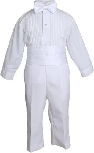 Vista 2 de Conjunto de traje clásico de 5 piezas de polialgodón blanco formal para bebés niños con cola