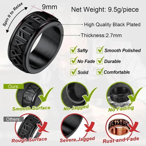 Vista 5 de FaithHeart Anillo de runas giratorias vikingas nórdicas de acero inoxidablechapado en oro, anillos giratorios para hombres y mujeres, puede grabado