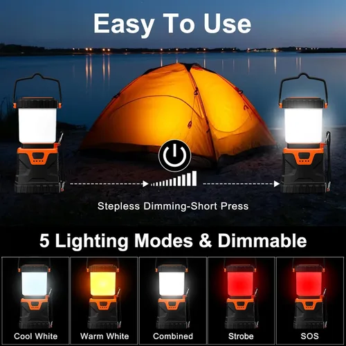 Vista 10 de Linterna LED para campamento, recargable, 1000 lúmenes, portátil con 5 modos de luz, IP44 impermeable 4400 mAh, linterna para tienda de campaña
