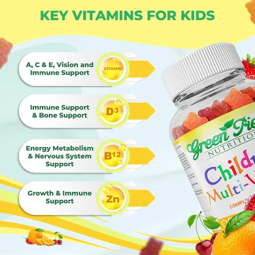 Vista 3 de Greenfield Nutritions - Gomitas multivitamínicas halal sin gelatina para niños, todas las vitaminas halal esenciales A, B, C, D, yodo, zinc