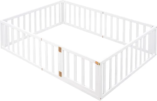 Vista 7 de Harper & Bright Designs Cama de suelo Montessori de tamaño matrimonial con rieles, marco de madera con valla y puerta, para niños y niñas (blanco)