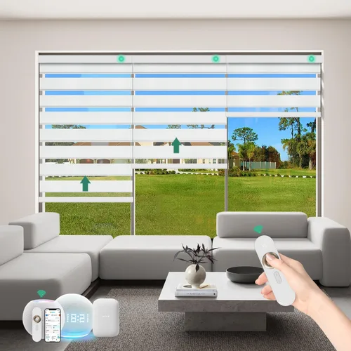 Vista 17 de Persianas motorizadas de cebra con control remoto [doble capa + filtro de luz] Persianas inteligentes 60% opacas para ventanas interiores