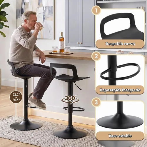 Vista 5 de NOBPEINT Taburete de bar giratorio ajustable con elevación de aire cromado contemporáneo, juego de 4, negro