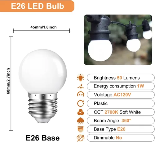 Vista 8 de Bombilla de luz nocturna, bombillas LED de 1 W, bombillas G14 G45 E26, bombillas de ahorro de energía, equivalente a 5 W, blanco frío de 6500 K