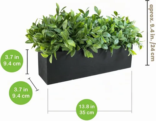 Vista 3 de Winlyn Planta de boj artificial de 14 pulgadas, arreglo de vegetación de boj sintético en negro, maceta rectangular de madera en maceta, planta
