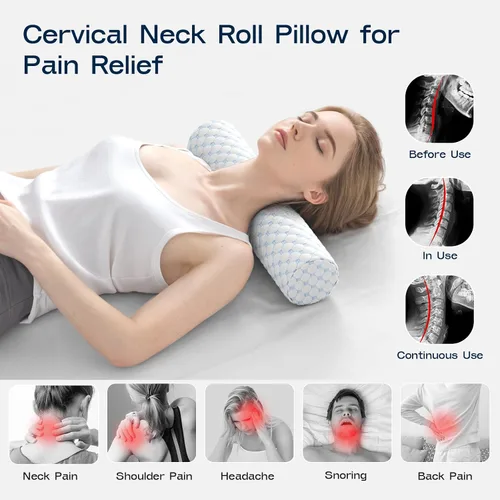 Vista 4 de Almohada Cervical de Rollo, Almohadas de Soporte Cervical de Espuma Viscoelástica, Almohadas de Cuello Redondas, Almohadas Cilíndricas de Refuerzo
