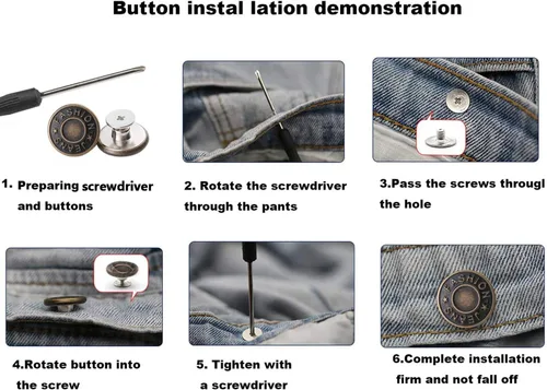 Vista 5 de GIYOMI 17mm Kit de reemplazo de botones para jeans sin costura con base metálica, 12 juegos de botones metálicos removibles sin clavos de 17 mm, kit