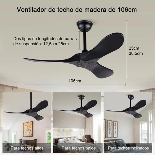 Vista 2 de Ventiladores de techo de 42 pulgadas sin luces, ventiladores de techo negros sin luces con control remoto, 3 aspas de madera maciza, ventilador