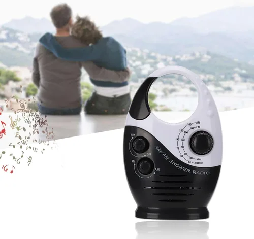 Vista 9 de Radio de ducha impermeable, radio AM/FM con altavoces de volumen ajustables, altavoces portátiles alimentados por batería con mango de gancho