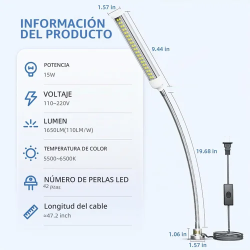 Vista 6 de Luz de trabajo magnética LED, 15W de alta luminosidad, lámpara de cuello de cisne flexible con base magnética fuerte para torno, fresado, prensa