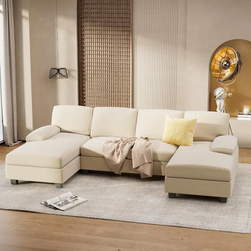 Vista 2 de Furniwell - Sofá seccional convertible, juego de sofá de 4 plazas para sala de estar en forma de U, sofá modular moderno de tela con chaise doble