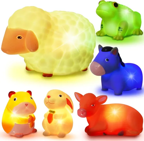 Vista 7 de Juguetes de baño para niños pequeños de 1 a 3: 6 piezas de juguetes de baño de animales de granja iluminados, juguetes de baño para bebés, juguete