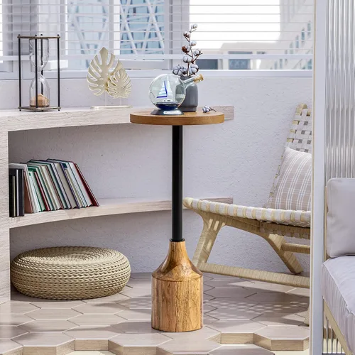 Vista 7 de COZAYH Mesa auxiliar de pedestal de granja, mesa de bebida de madera rústica con base, mesa redonda de Martini para espacio pequeño, sala de estar