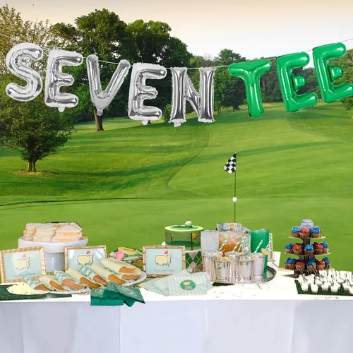 Vista 3 de Seventee - Decoraciones de cumpleaños de golf, suministros para fiesta de cumpleaños de 70 años, globos de bola de golf, globos de letras