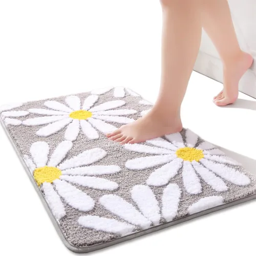 Vista 13 de QJHOMO Alfombra de baño beige con diseño de margaritas, decoración de flores blancas y amarillas, alfombra antideslizante de microfibra, súper