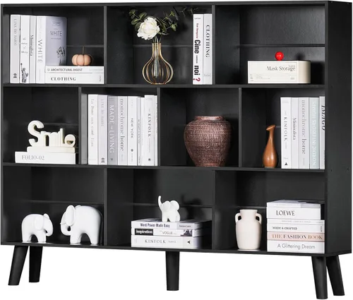 Vista 16 de YAHARBO Estantería de 2 cubos, soporte para tocadiscos negro con almacenamiento de vinilo de hasta 100 álbumes, estante horizontal para libros