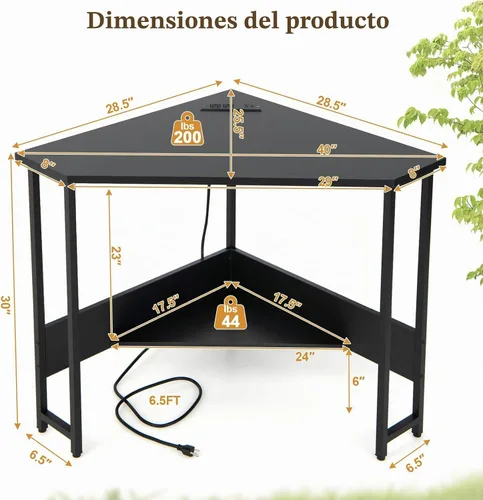 Vista 3 de COSTWAY Escritorio esquinero para computadora, con puertos USB y toma de corriente, estante de almacenamiento para espacios pequeños, escritorio