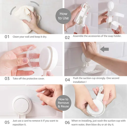 Vista 7 de LEVERLOC Jabonera para ducha, ventosa, para montar en la pared, sin perforación, autodrenante, extraíble, impermeable, fuerte, barra de succión al