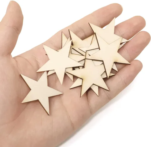 Vista 6 de yueton 100 piezas de madera de estrella en blanco sin terminar de 1.575 in/1.57 pulgadas, rebanadas de madera, adornos de estrella de madera