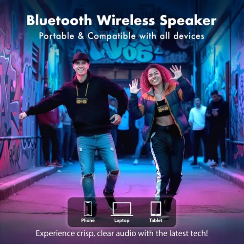 Vista 3 de Altavoz inalámbrico portátil mini Bluetooth de 50 aniversario del Hip Hop, Boombox retro portátil, collar de 27 pulgadas, radio FM, botones a bordo