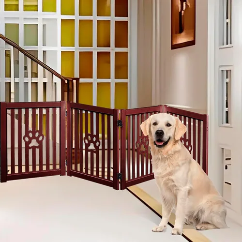 Vista 7 de Puerta para perros de 4 paneles – Caoba – Puerta plegable de madera independiente para mascotas, 80 pulgadas de largo x 23.6 pulgadas de alto